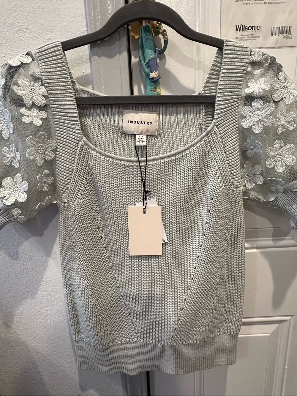 INDUSTRY Light Gray Knit Top with Floral Lace Puff Sleeves
